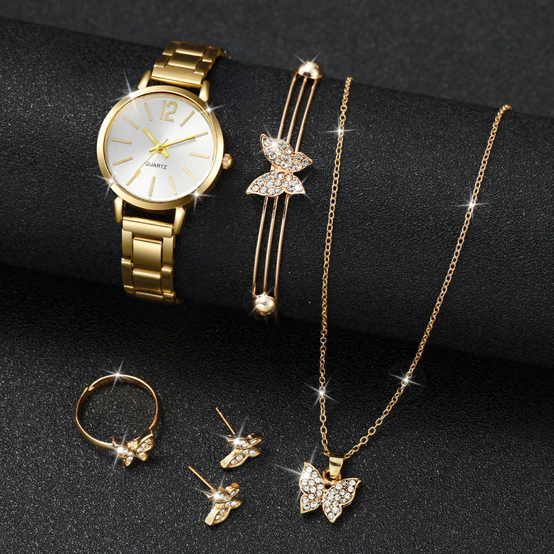 6PCS  relógio de quartzo para mulheres, pulseira de aço dourado, conjunto de jóias borboleta strass